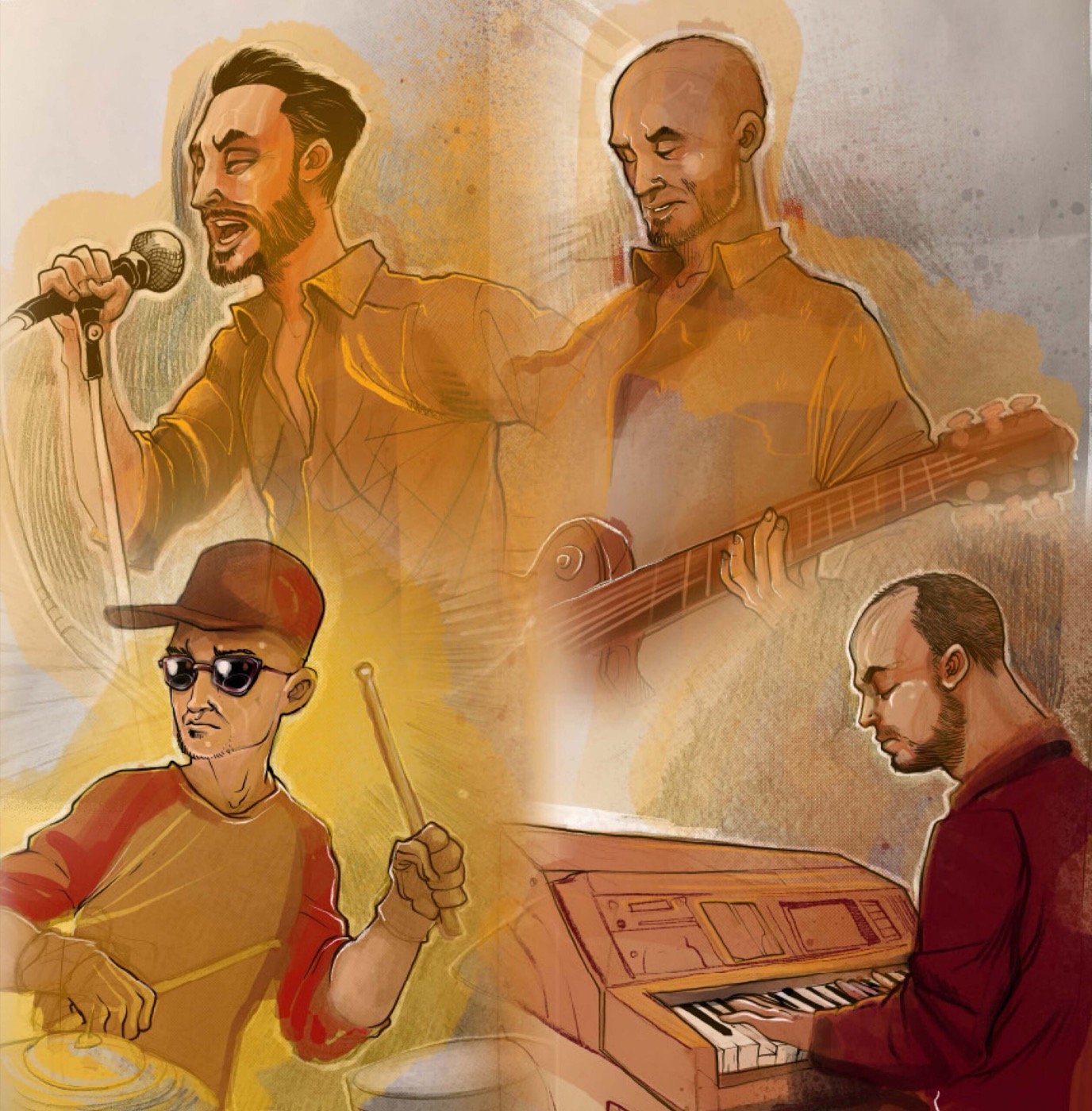 Ilustração dos quatro elementos da banda: o vocalista de microfone na mão, o guitarrista, o baterista de boné e óculos escuros e o teclista.
